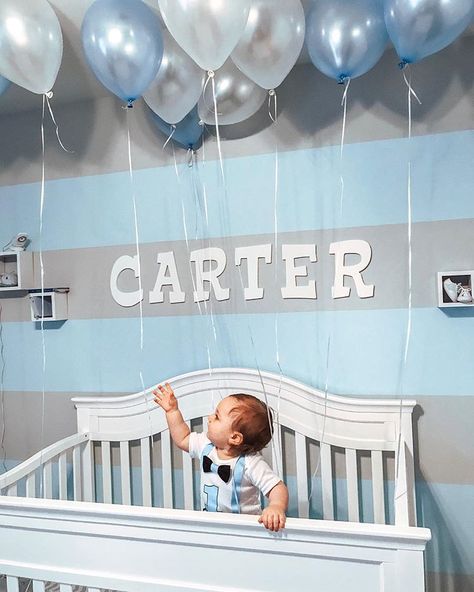 Happy Birthday My Sweet Boy! 💙 Carter's first birthday balloons in his crib, such a cute birthday surprise for our birthday boy! Birthday Balloon Surprise, Crib Decoration, Balloon Surprise, Old Cribs, First Birthday Balloons, Boys Crib, Sweet Boy, Cute Birthday, Modern Mom