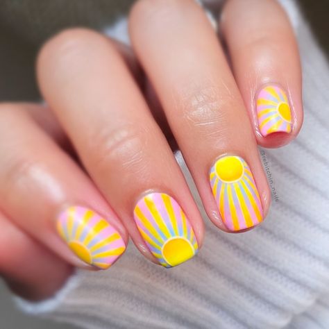 Yellow nails, sun nails, Gel art, hand drawn, Gel nails Yellow Sunshine Nails, Sun Gel Nails, Sunny Nails Design, Nails With Sun Design, Sun Design Nails, Sunshine Nails Design, Sunburst Nails, Sun Nail Design, Sun Nails Design