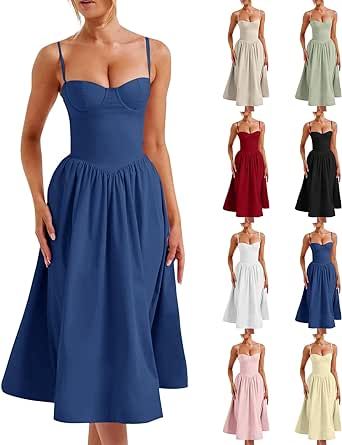 midelxp Corset Dress for Women Formal Spaghetti Strap Bustier Midi Dresses Flowy Pleated Hem Corset Sundress with Pockets Corset Sundress, Midi Prom Dress, Dresses Flowy, Prom Dresses With Pockets, Corset Bustier, Bustier Dress, Women Formals, Summer Party Dress, Maxi Dress Party