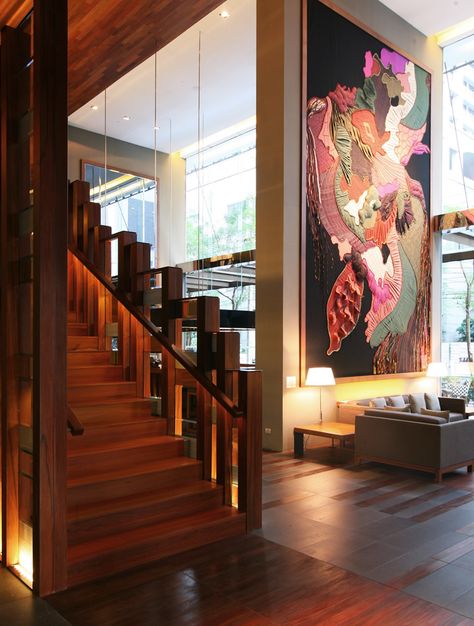 Hansar Hotel, Bangkok Stairs Lighting, Staircase Art, Large Scale Wall Art, Tropical Retreat, Large Scale Art, Bangkok Hotel, Stair Case, Wooden Staircases, Professional Photos