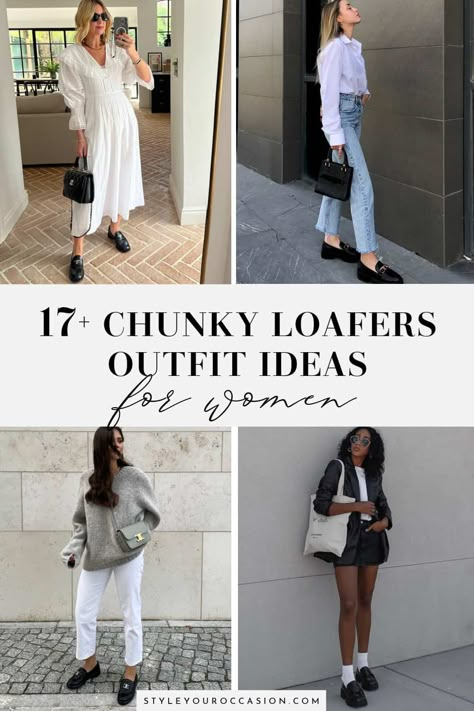 Heeled Penny Loafers Outfit, Loafers Outfit Spring 2024, Chunky Loafer Street Style, 2024 Loafers Outfit, Womens Loafer Outfits, Spring Chunky Loafers Outfit, Work Outfits With Chunky Loafers, Chunky Loafers Outfit Black Women, How To Style Black Chunky Loafers