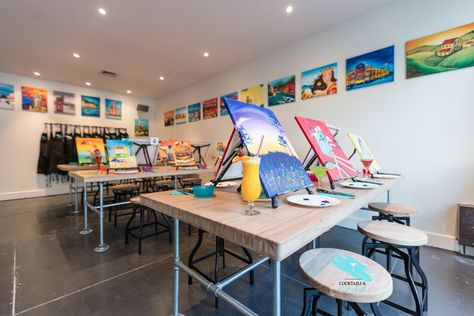 Paint and Sip Studio in Moonee Ponds. Workshop Space Design, Paint And Sip Studio, Kids Art Space, Wine And Paint Night, Kids Art Studio, School Building Design, Art Place, Art Studio Room, Art Classroom Decor