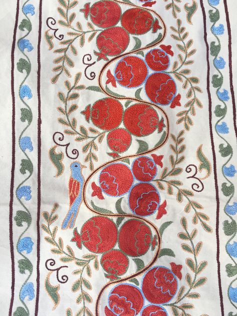 "Runner Suzani Tablecloth,Pomegranate and flower Figures Suzani Handmade vintage Runner suzani  Floor is cotton& beige. There are pomegranate tree on that Suzani. They symbolize of nature's beauty all the times. So it can be nice gift for your family or friends. Size: 182x49 cm 5'9\"x1'6\"ft  You can use as bed runner , table runner ,wall hanging etc.  Shipping: 1-3 business days /UPS or FEDEX Ready to use & clean Item code number:RS25 Please contact for more information! Truvarugshop!" Jewish Textiles, Suzani Rug, Pomegranate Tree, Handmade Tablecloth, Red Runner, Textile Prints Design, Bird Figure, Runner Table, Long Walls