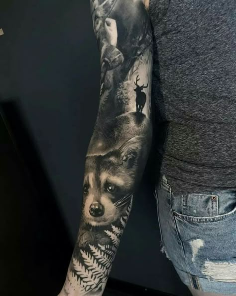 Animal Tattoos For Women Sleeve, Animal Realism Tattoo Sleeve, Forest Animal Sleeve Tattoo, Animal Tattoo Realistic, Raccoon Sleeve Tattoo, Deer Sleeve Tattoo For Women, Woodland Animal Tattoo Sleeve, Wildlife Leg Sleeve Tattoo, Wild Life Tattoos Sleeve