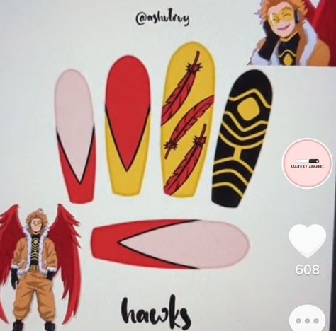 Toga Nails, Mha Nail Ideas, Bakugou Inspired Nails, Mha Inspired Nails, Aizawa Nails, Kirishima Nails Art, My Hero Nails, Rengoku Nails, Hawks Nails Mha