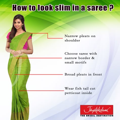 #ThursdayTips - How To Look Slim In a Saree!! There are some factors you should keep in mind while wearing a saree. Let us give you a low down on how to wear saree to look slim. Keep following our page for more #SareeTips. Have a look at our online collection of #Sarees at www.jayalakshmisilks.com #FashionTips #SareeDraping #FashionDiaries #SareeLovers #SareeCare #DesignerSarees #JayalakshmiSilks Saree For Short Height Women, How To Drape A Saree, Saree Wearing Tips, Saree Look Ideas, Slim Ideas, How To Wear A Sari, Saree Tips, Saree Drapes, Drape Sarees