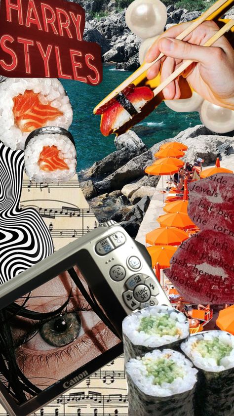 #music #harrystyles #collage #shuffle #moodboard #vintage #sushi #musicforasushirestraunt Sushi Moodboard, Sushi Aesthetic, Sushi Bowl, Sushi Restaurants, Collage Wall, Year 2, Japan Food, Summer 24, Art Collage Wall