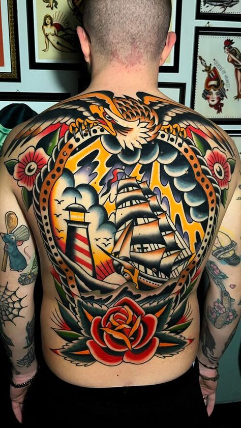 Sailor Jerry Back Piece, Sailor Pinup Tattoo, Shellback Tattoo Navy, Boxer Tattoo Traditional, Old School Back Tattoo, Traditional Back Piece Tattoo, American Traditional Back Tattoo, Shellback Tattoo, American Traditional Back Piece