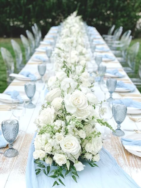 Blue Table Scape, Powder Blue And White Wedding, Light Blue Wedding Aesthetic, French Blue Wedding Table Setting, Blue Bridal Brunch, Round Table Wedding Decor Dusty Blue, Dusty Blue Farm Table Wedding, Round Table Centerpieces Wedding Elegant, Blue And White Bridal Shower Ideas