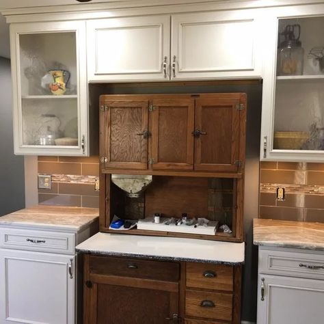 Hoosier Cabinet - Photos & Ideas | Houzz Hoosier Cabinet Top Repurposed, Built In Hoosier Cabinet, Hoosier Cabinet Kitchen, Hoosier Cabinet In Kitchen, Hoosier Cabinet Built Into Kitchen, Sellers Hoosier Cabinet, Hoosier Cabinet Ideas Farmhouse, Hoosier Cabinet Decorating Ideas, Hoosier Cabinet Makeover