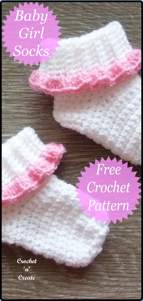 Easy crochet pattern - Baby Girls Socks from crochet 'n' create. Free quick-easy-beginner-friendly pattern! Crochet Baby Shoes Free Pattern Girl, Baby Crochet Shoes Free Pattern, Baby Boots Crochet Pattern Free, Newborn Girl Crochet Patterns Free, Quick And Easy Crochet Patterns Free, Crochet Preemie Patterns Free, Baby Girl Crochet Patterns Free, Crochet Patterns Free Baby Girl, Crochet Baby Headband Free Pattern