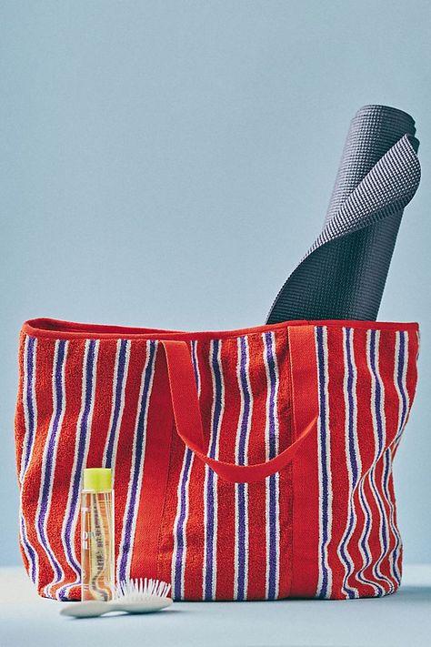 Striped Terry Summer Tote Hawaii Fashion, Polka Dot Socks, Monogram Earrings, Summer Tote Bags, Knit Shrug, Summer Tote, Bag Inspiration, Red Fits, Metal Hair Clips