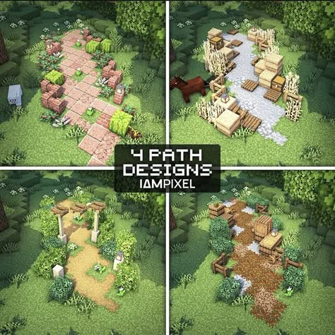 Minecraft Forest Path Ideas, Paths Minecraft, Minecraft Path, Construction Minecraft, Minecraft Building Guide, Minecraft Garden, Minecraft Decoration, Minecraft Village, Minecraft Structures