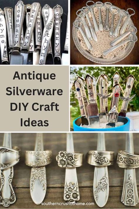 Fun Antique Silverware DIY Craft Ideas https://www.southerncrushathome.com/antique-silverware-diy-craft-ideas/ Silverware Windchimes Diy, Vintage Silverware Crafts, Diy Silverware Crafts, Vintage Silverware Patterns, Fork Crafts, Old Silverware, Flatware Crafts, Spoon Jewelry Diy, Spoon Craft