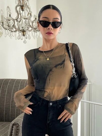 Long Sleeve Mesh Top Outfit, Handsewn Clothes, Mesh Top Outfit, Sheer Outfit, Chiffon Crop Top, Sheer Mesh Top, Without Bra, Mesh Tops, Mesh Shirt