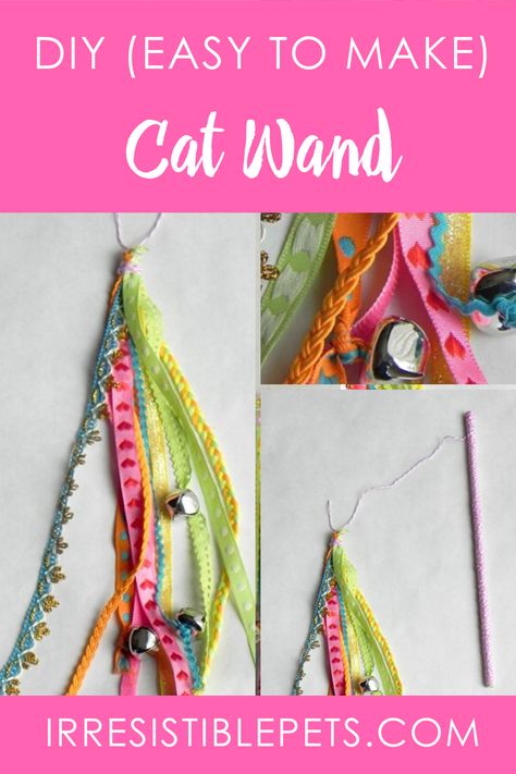 DIY Cat Wand - Irresistible Pets Diy Cat Gifts For Cats, How To Make Cat Toys Easy, Cat Wand Toys Diy, Sewing Patterns Beginner Easy Projects, Diy Sew Cat Toys, Diy Cat Wand Toy, Kitten Toys Diy Homemade, Yarn Cat Toys Diy, Homemade Cat Toys Diy Easy