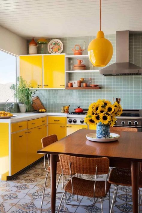 Colourful Kitchen Design, Post Modern Kitchen, Retro Yellow Kitchen, 70s Tiles Kitchen, 60 Kitchen Retro, Yellow Mid Century Kitchen, Yellow Tile Kitchen, 1950 Home Decor, Retro Kitchen Yellow