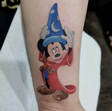 Fantasia Mickey Tattoo, Sorcerer Mickey Tattoo, Fantasia Tattoo, Mickey And Minnie Tattoos, Minnie Tattoo, Disney Inspired Tattoos, Key Tattoo Designs, Mickey Tattoo, Tat Inspiration