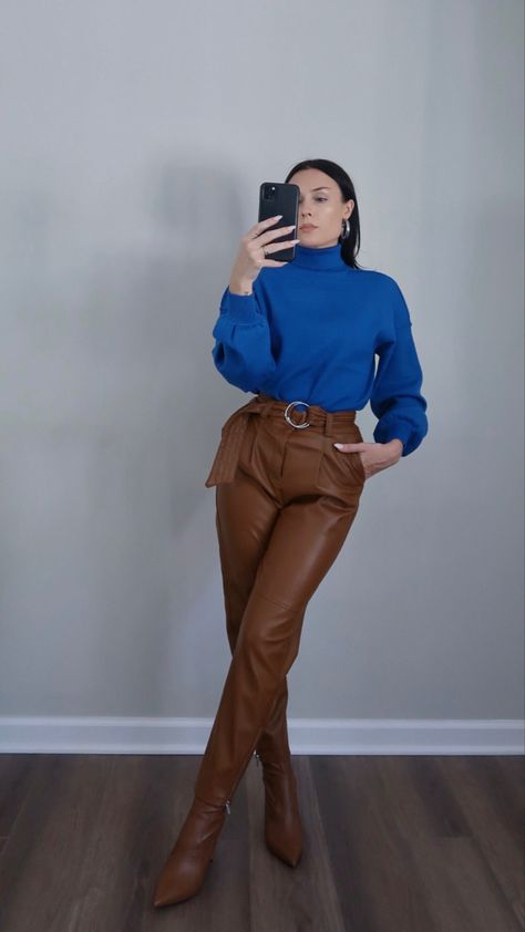 cognac leather pants with royal blue sweater #ad | thanksgiving outfit inspo Navy Leather Pants Outfit, Royal Blue Turtleneck Outfit, Winter Fitted Denim Blue Pants, Cognac Leather Pants Outfit, Blue Ribbed Cuffs Turtleneck For Winter, Cognac Leather Pants, Royal Blue Sweater Outfit, Blue Ribbed Cuff Turtleneck For Winter, Blue Turtleneck Outfit