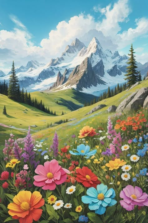 Nature Art Wallpaper, Flowers Phone Wallpaper, Nature Landscape Art, Artwork Flowers, Snow Nature, Drawing Scenery, Acrylic Painting Inspiration, Mountain Landscape Painting, Mountain Drawing