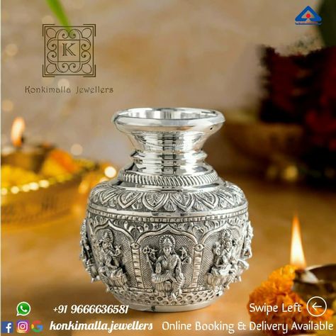 Silver Kalash, Akshay Tritiya, Jewellery Photoshoot, Silver Home Accessories, Silver Ware, Silver Articles, Silver Jewellry, Emerald Stone Rings, Pooja Thali