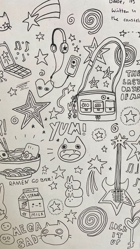 Cute Doodle Collage, Gen Z Doodles, Tiny Sketches Art Journals, Doodle Poster Design, Doodles To Fill Space, Doodle To Draw, Doodle Fillers, Doddleoddle Art, Background Doodles