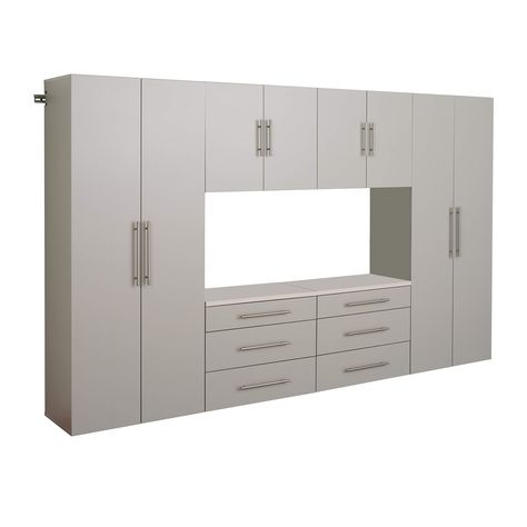 PRICES MAY VARY. Set I includes: 2 x 30" Upper storage cabinet, 2 x 3-Drawer base cabinet & 2 x 30" Large storage cabinet Set I Total product weight: 570 lbs.; 58 cubic feet; satin nickel finished handles; Light Gray laminate finish Tools required for installation: drill, stud finder, level and tape measure Constructed from carb-2 compliant, laminated composite woods with a Sturdy MDF backer; ships ready to assemble and includes an instruction booklet for easy assembly Manufactured in Canada and Makers Space, Large Storage Cabinets, Basement Laundry Room, Garage Storage Systems, Grey Laminate, Light Grey Walls, Salon Suites, Garage Cabinets, Garage Storage Cabinets