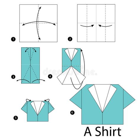 Step by step instructions how to make origami A Shirt. royalty free illustration Origami Clothing, Easy Money Origami, Shirt Origami, Paper Shirt, Origami Shirt, Paper Folding Crafts, Origami Paper Folding, Dollar Origami, Shirt Tutorial