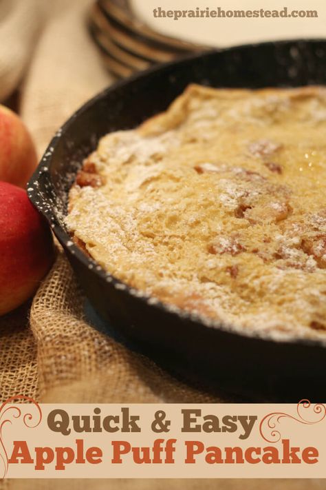 Quick and Easy Apple Puff Pancake Recipe #Pancakes #PancakeBreakfast | The Prairie Homestead Apple Puff Pancake, Puff Pancake Recipe, Puff Pancakes, The Prairie Homestead, Puff Pancake, Prairie Homestead, Homemade Pancake Recipe, German Pancakes, Apple Pancakes