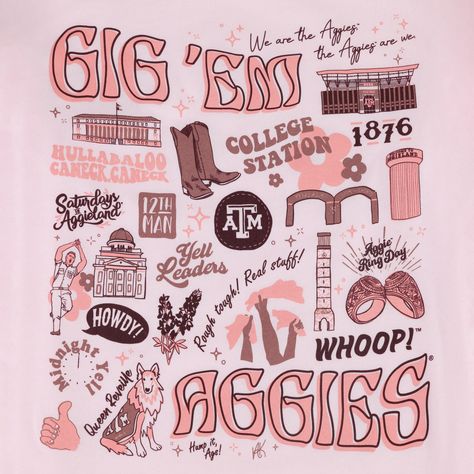 Rep your Aggie pride like never before with this stylish Texas A&M Gig 'Em Aggies Collage T-Shirt! The light pink fabric and "Gig 'Em Aggies" featured on the front in a darker pink will have everyone admiring your spirit. The back features a stunning collage of all your favorite Texas A&M symbols, showing off your passionate Aggieland pride. - Brand: Bella+Canvas - 100% Cotton - Machine Wash Warm/Tumble Dry Low Texas A&m Painting, A&m College, Texas A&m Shirts, Texas A&m Wallpaper, A&m Aesthetic, Aggie Shirts, Texas A&m Aesthetic, Tamu Aesthetic, Aggie Ring Day