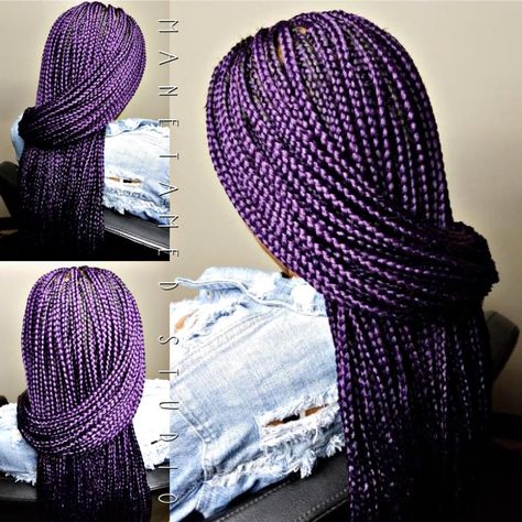 Small box braids.  Waist length box braids.  Purple hair.  Purple braids. Natural hair.  Small plaits. Purple Braids Aesthetic, Purple Box Braids With Curly Ends, Dark Purple Braids For Black Women, Dark Purple Knotless Braids, Knotless Braids With Purple, Dark Purple Box Braids, Black And Purple Knotless Braids, Dark Purple Braids, Black And Purple Braids