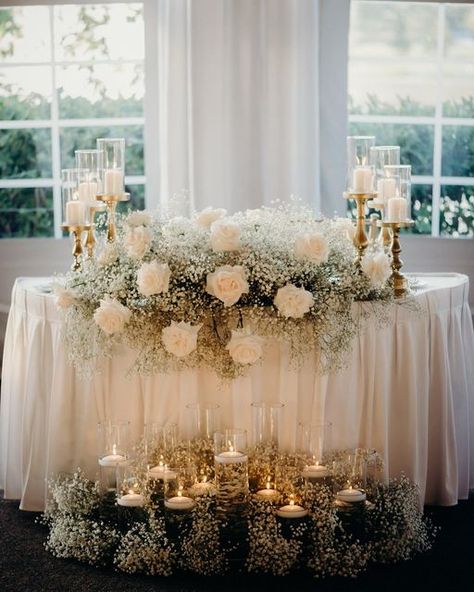 Lavender Fields Flowers & Decor on Instagram: "The perfect balance of flowers and candles 🤍 . . . Photographer @andrewhaydenphoto Bride @lexi__ramirez Venue @westinchicagonw Flowers & Decor @lavenderfieldsflorist" Wedding Flower Set Up, Flowers With Candles, Wedding Headtable Flowers, Timeless Sweetheart Table, Candle And White Flower Centerpiece, Mr And Mrs Sweetheart Table, Diy Flower Wedding, Flower And Candle Table Decor, Candle Sweetheart Table