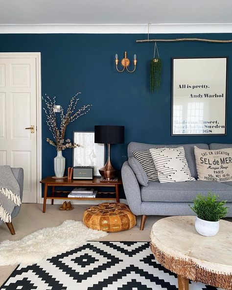 Farrow & Ball on Instagram: “Our deep #HagueBlue works wonderfully as an accent colour for a statement wall. The green undertone of this timeless and dramatic blue adds…” Blue Statement Wall Living Room, Media Room Paint Colors, Blue Walls Living Room, Rental Ideas, Blue Accent Walls, Hague Blue, House Organization, Blue Living Room Decor, Accent Walls In Living Room