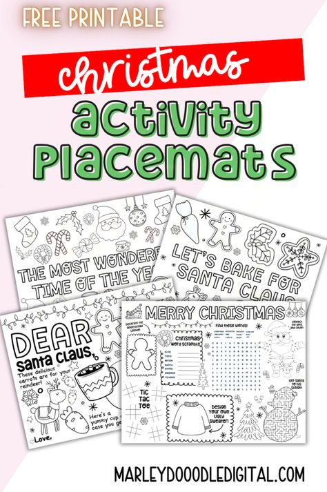 Keep the kids entertained this Christmas with these 4 free printable activity placemats! Perfect for Christmas parties, family meals, or school events, these placemats include coloring pages and games to keep kids busy. One special design even has spaces for Santa’s cookies, milk, and reindeer treats! Download your free Christmas activity placemats today and add some holiday fun to your table! Kids Christmas Placemats, Kids Christmas Table Ideas, Christmas Stations For Kids, Christmas Place Mats Free Pattern, Christmas Placemats Kids, Grinch Placemats, Christmas Table Activities, Christmas Placemats Pattern Free, Kids Table Christmas