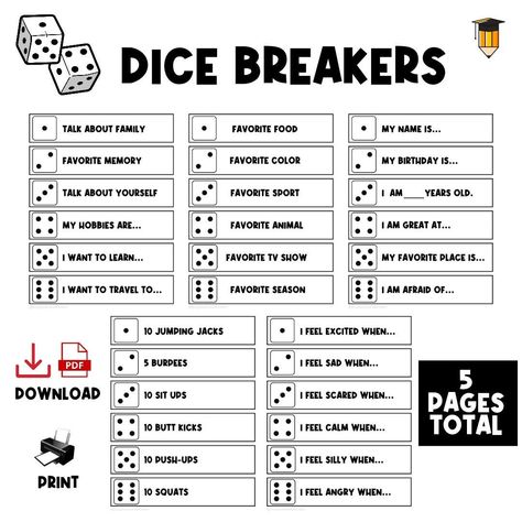 DICE ICE BREAKERS 🎲 - 5 PAGES TOTAL 6 PAGES TOTAL ------------ GREAT FOR: - TEAM BUILDING - BACK TO SCHOOL - OFFICE PARTIES ------------- FITNESS BUNDLE (3 IN 1) https://www.etsy.com/ca/BusyBooksandBinders/listing/1245706041/fitness-bundle-kids-exercises-flash?utm_source=Copy&utm_medium=ListingManager&utm_campaign=Share&utm_term=so.lmsm&share_time=1654442208362 -------------- MATCHING PRINTABLE FITNESS DICE BLOCK https://www.etsy.com/ca/BusyBooksandBinders/listing/1274748996/dice-block-roll-an-exercise-dice-workout?utm_source=Copy&utm_medium=ListingManager&utm_campaign=Share&utm_term=so.lmsm&share_time=1660856190455 -------------- ✔ INSTANT DIGITAL DOWNLOAD ---------------- [TERMS OF USE] THIS IS DIGITAL DOWNLOAD.  NO PHYSICAL PRODUCTS WILL BE SHIPPED TO YOU.   NO REFUNDS ON PRODUCTS DOWN Roll The Dice Break The Ice, Mixer Questions Ice Breakers, Ice Breakers For 2nd Grade, Dice Breakers Game, Dice Ice Breaker Game For Adults, Team Building For Kids, Roll A Topic, Ice Breakers For Teens, Dice Breakers