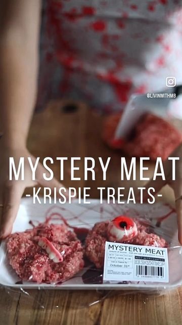 Mary Beth Wilhelm on Instagram: "TWO years ago I made mystery meat rice krispie treats 🥹🧠🥩🖤🔪🩸 Where has the time gone??? 🥲 Your guests will LOVE this fun & spooky at the Halloween party….or will they? 😏   Y’all already know the recipe 😋 Ingredients:  Rice krispies  Stick of butter Bag of marshmallows  Red food coloring  Chocolate syrup  Corn syrup (can substitute honey) Gummy eyeballs and teeth Styrofoam tray Plastic wrap Deli sticker (I made this and printed it out)" Mystery Meat Rice Krispies, Meat Rice Krispie Treats, Gummy Eyeballs, Coloring Chocolate, Halloween Dessert Recipe, Holiday Party Treats, Halloween Rice Krispie Treats, Spooky Halloween Desserts, Food Fall