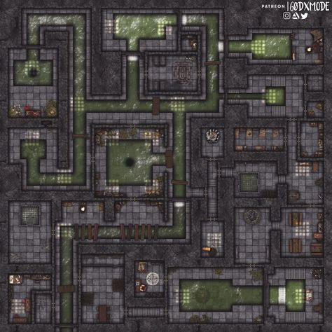 Its winding tunnels and numerous middens hide a long forgotten tomb, a base of operations for a cult/bandits/whatever you need them to be, several rooms for other occupants (You know you're going to cram wererats in there), and the a hidden artificer workshop. Plenty of ways to incorporate this map into your campaign's existing urban areas. #bravenewworlds #battlemap #map #ttrpg #dnd #rpg #pathfinder #dungeons #dragons #5e #d&d #free #fantasy Sewer Battlemap, Dungeon Battlemap, Fantasy City Map, Dungeon Tiles, Dnd World Map, Building Map, Sewer System, Campaign Ideas, Tabletop Rpg Maps