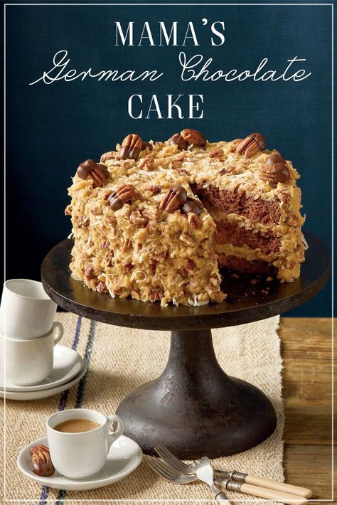 Mama's German Chocolate Cake Homemade German Chocolate Cake, Vintage Pasta, German Chocolate Cake Recipe, Chocolate Cake From Scratch, Coconut Pecan Frosting, Coconut Pecan, Rich Desserts, Gateaux Cake, German Chocolate Cake