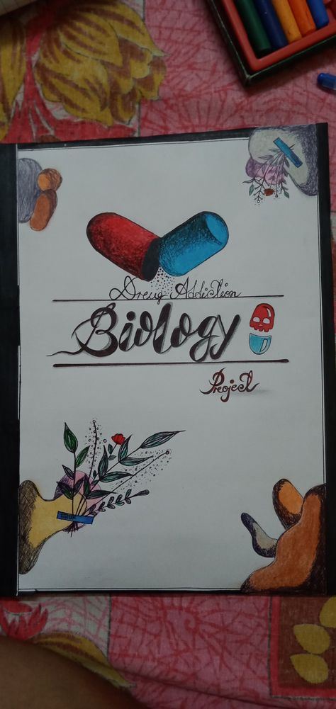 In school u can add this kind of designs on ur cover page if u got the topic Drug addiction 💊 Bio Project Cover Page Aesthetic, School Book Covers Biology, Biology Project Cover Page Ideas School Aesthetic, Biology File Decoration Ideas, Biology Cover Page Ideas, Project File Cover Ideas Biology, Cover Page For Biology Project, Biology Project Cover Page Ideas, Border Design For Biology Project