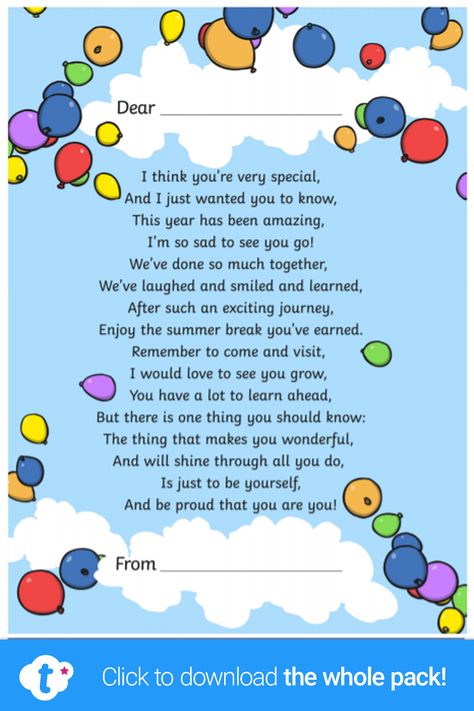 Give your class a personalised poem as an end of year gift with this easy printout. Wish your class good luck and farewell or have it read at whole-school assemblies near the end of the year. Visit the Twinkl website to download and find more end of year teacher and student gift ideas. #teachergift #endofyeargifts #endofyear #schoolgifts #teaching #teachers #twinklresources #twinkl #teachingresources #parents #students #classroomgifts #endofyearpoem #receptionclass #receptionteacher #eyfs Assembly Ideas For Primary School, Farewell Message To Students, Leaving Poems, Poems For Students, Student Gift Ideas, Birthday Chart Classroom, Preschool Poems, Teacher Poems, Birthday Chart