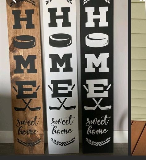 Hockey Diy, Porch Boards, Circle Signs, Hockey Crafts, Front Porch Patio, Porch Leaners, Hockey Decor, Welcome Wood Sign, Home Sweet Home Sign