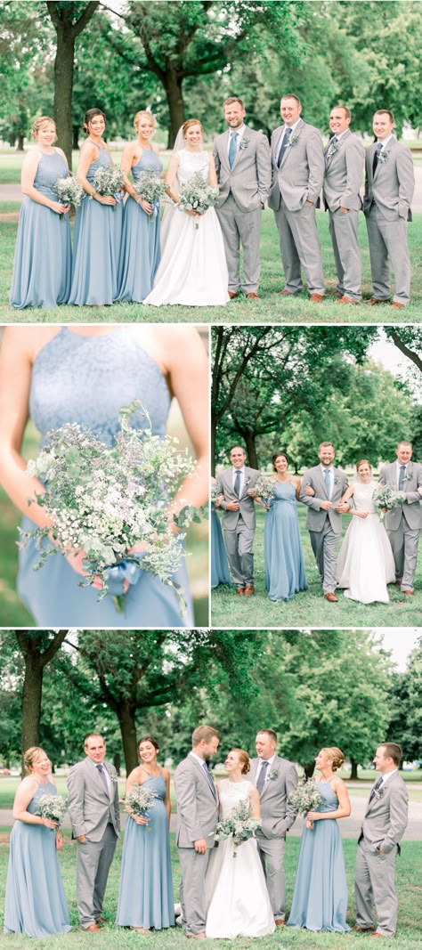 Dusty Blue And Grey Bridesmaid Dresses, Grey Groomsmen Suits With Blue Bridesmaid Dresses, Light Blue And Grey Bridal Party, Wedding Party Blue Suits Color Schemes, Grey Suit Blue Bridesmaid Dress, Dusty Blue And Blush Wedding Groomsmen, Dusty Blue And Grey Wedding Groomsmen, Light Grey And Dusty Blue Groomsmen, Sky Blue And Grey Wedding