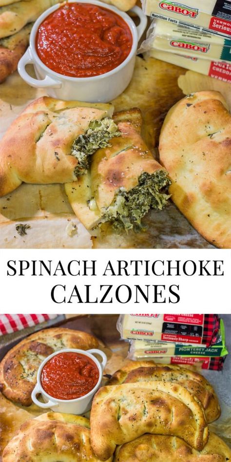 Spinach Artichoke Calzones | Fun way to mix up pizza night! Spinach Calzone Recipe, Calzone Recipe, Calzone Pizza, Homemade Pizza Dough, Spinach Artichoke Dip, Cheesy Recipes, Spinach Recipes, Best Food Ever, Spinach Artichoke