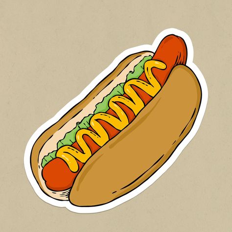 Yummy hotdog in a bun sticker psd | free image by rawpixel.com / Noon Hot Dog Sticker, Hot Dog Drawing, Hot Dog Illustration, Hot Dog Design, Tattoo Gato, American Hot Dogs, Hotdog Sandwich, Pop Art Food, Dog Emoji