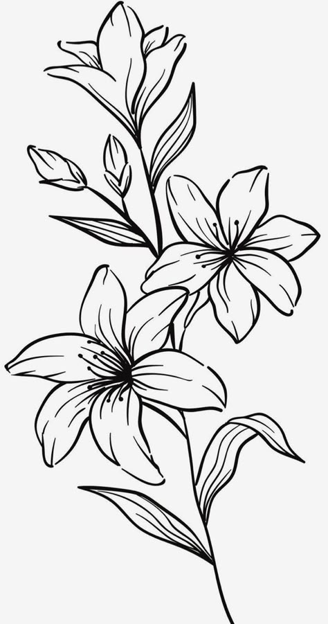 Simple Floral Design Drawing, Flower Line Drawing Pattern, Simple Easy Drawing Ideas Aesthetic, Flower Tulip Drawing, Flower Scenery Drawing, Giglio Tattoo, Flowers Outline Drawing, Floral Bouquet Drawing, Flower Drawings Simple