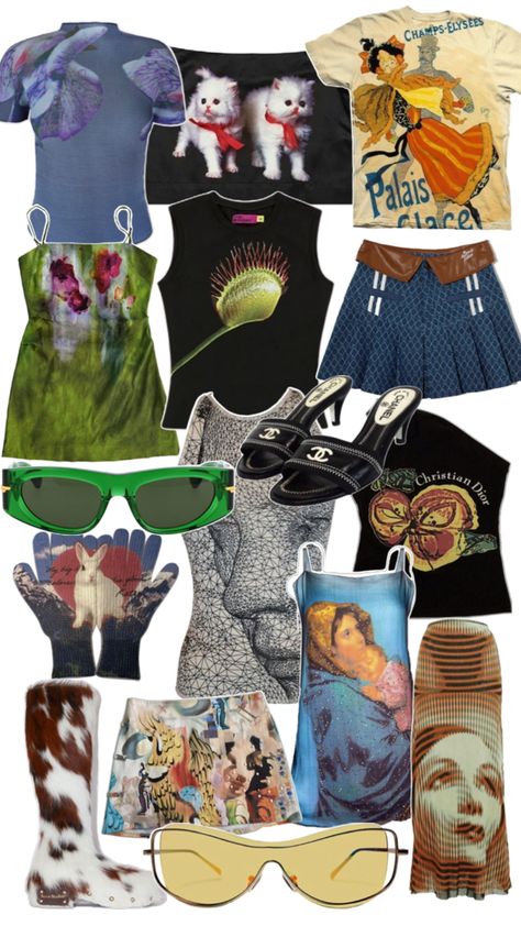 Dive into a whirlwind of fashion creativity with this vibrant outfit moodboard! From retro-inspired graphic tees to chic mini skirts, this moodboard radiates vintage charm and contemporary flair. Channel your inner fashionista with playful animal prints, artsy patterns, and statement accessories. Elevate your street style with unique graphic prints, eye-catching boots, and trendsetting sunglasses. Perfect for those craving bold, eclectic outfits that are Instagram-ready and Pinterest-worthy! #FashionInspo #OutfitGoals Bold Eclectic, Eclectic Outfits, Vibrant Outfits, Statement Accessories, Miniskirt Outfits, Vintage Eclectic, Eclectic Fashion, Bold Graphics, Outfit Goals