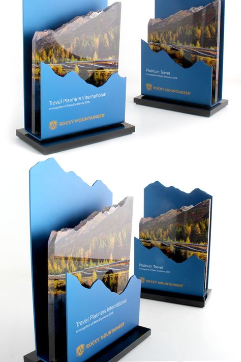 Award Plaque Design Modern, Acrylic Trophy Design, Trophy Design Ideas, Award Plaque Design, Plakat Acrylic, Metal Trophy, Rocky Mountaineer, Wayfinding Signage Design, Acrylic Trophy