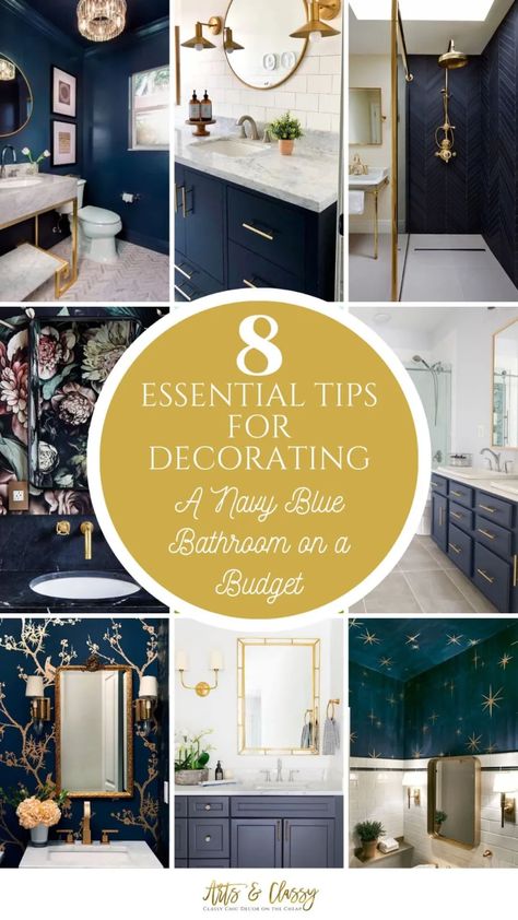 5 Simple & Affordable Ways to Turn Your Navy Blue Bathroom Into a Luxurious Spa Oasis. Are you ready to transform your navy blue bathroom into an oasis without breaking the bank? Look no further! In this article, I'm going to share five simple and affordable ways to decorate a navy blue bathroom on a budget. Whether you have a powder room, guest bathroom, small bathroom, or master bathroom, I'm sure you'll find something here to inspire you. Get ready to transform your dull bathroom into a ... Navy Blue Black And White Bathroom, Wallpaper For Navy Bathroom, Dark Blue Bathrooms Ideas, Navy Bathroom Ceiling, Navy Wallpaper Accent Wall Bathroom, Navy Vanity Wallpaper Bathroom, Powder Room With Navy Blue Vanity, Navy Brown Bathroom, Small Navy And White Bathroom