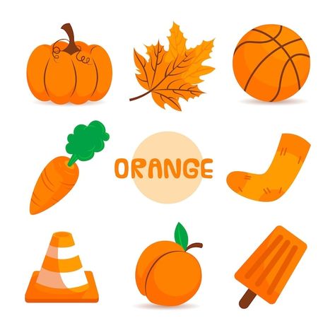 Color naranja y vocabulario en inglés. | Vector Gratis Things That Are Orange, Mickey Rey, Color Book, School Board, School Projects, Preschool Activities, Coloring Books, Education, Orange