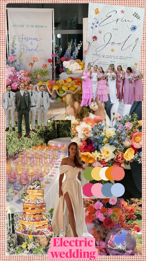 #weddinginspo #weddingmoodboard #electricwedding #weddingboard #bright #brightwedding Colourful Wedding Colour Palette, Colour Pop Wedding, Bright Colours Wedding, Bright Colours Wedding Theme, Wedding Colors Bright Colour Palettes, Neutral Wedding Party With Bright Flowers, Bright And Bold Color Palette Wedding, Jewel Tone Wedding Theme, Bright Wedding Colors